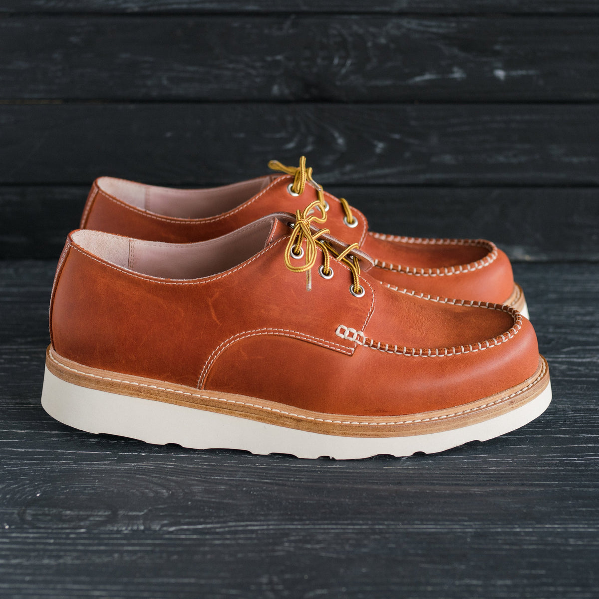 Ginger crazy horse leather moc toe boots with Vibram sole and orthopedic insole