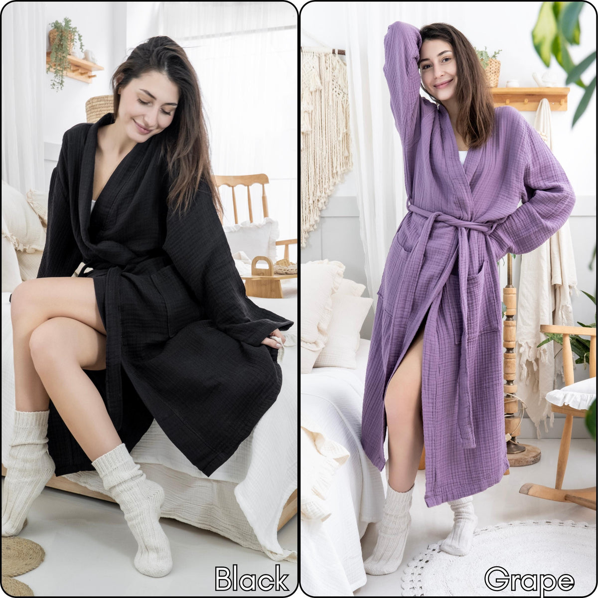 Organic cotton gauze kimono bathrobe, light beige, muslin, soft