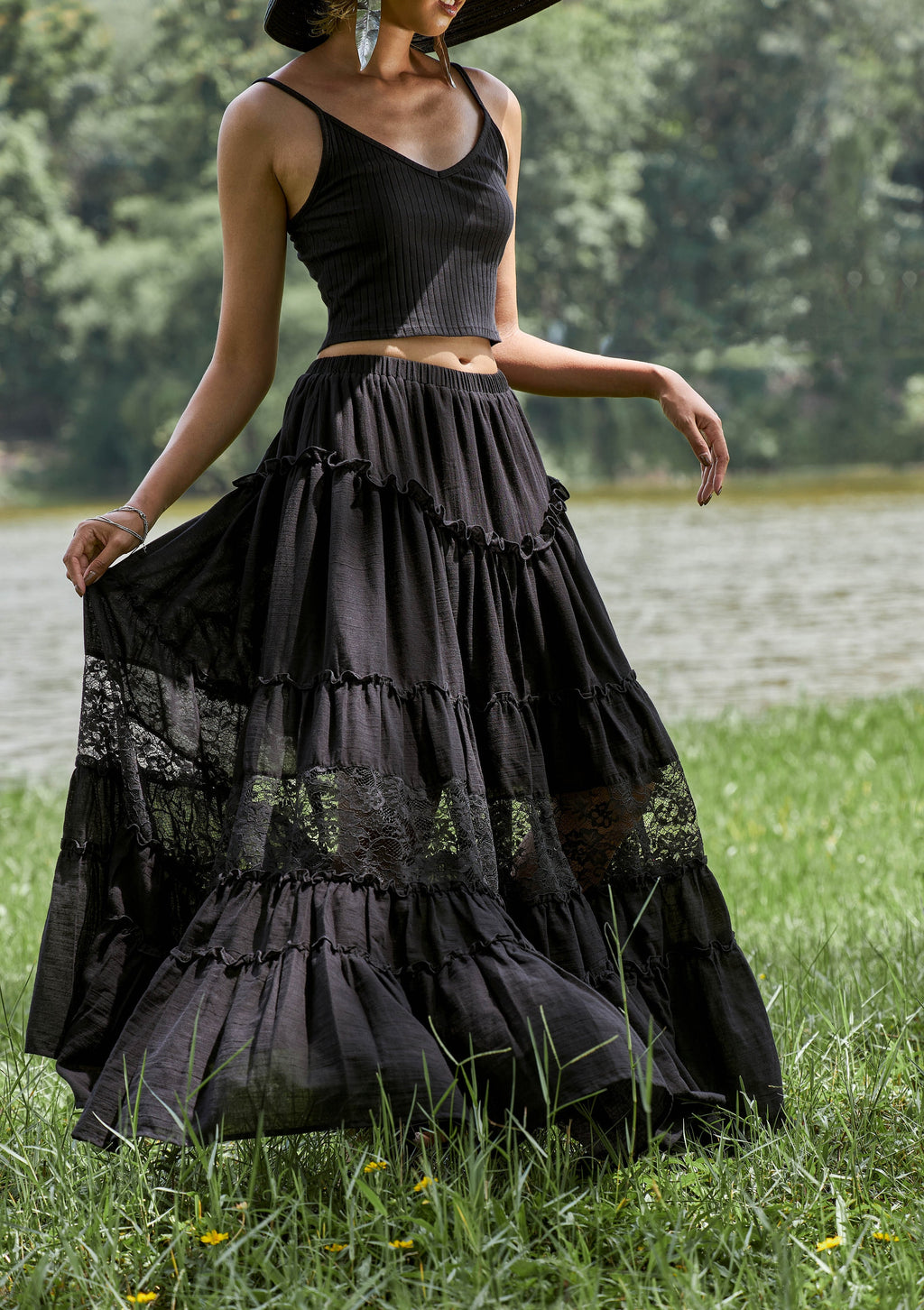Black cotton peasant skirt with elastic waistband and partially lined design