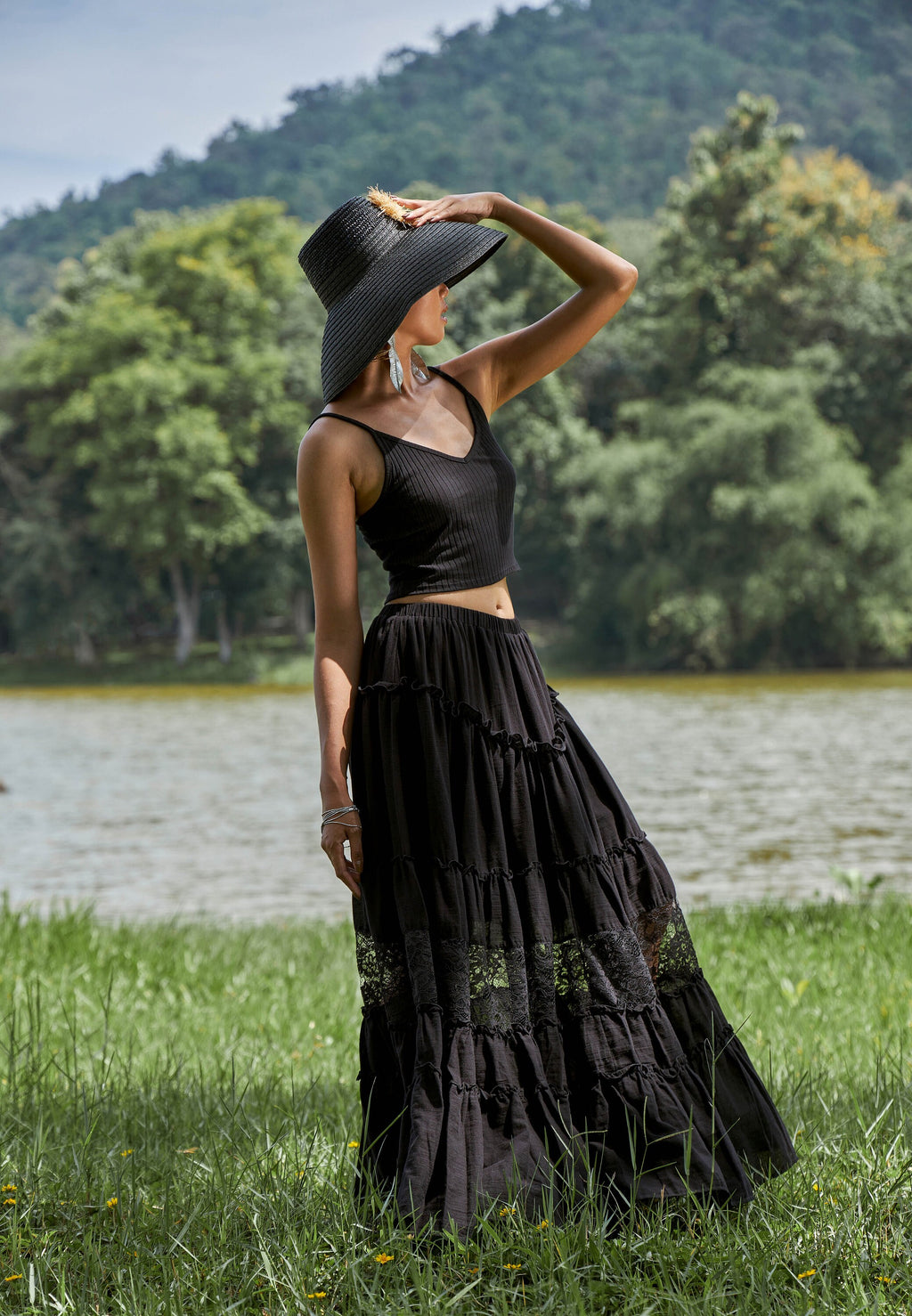 Flare silhouette black lace maxi skirt for women, prewashed and preshrunk