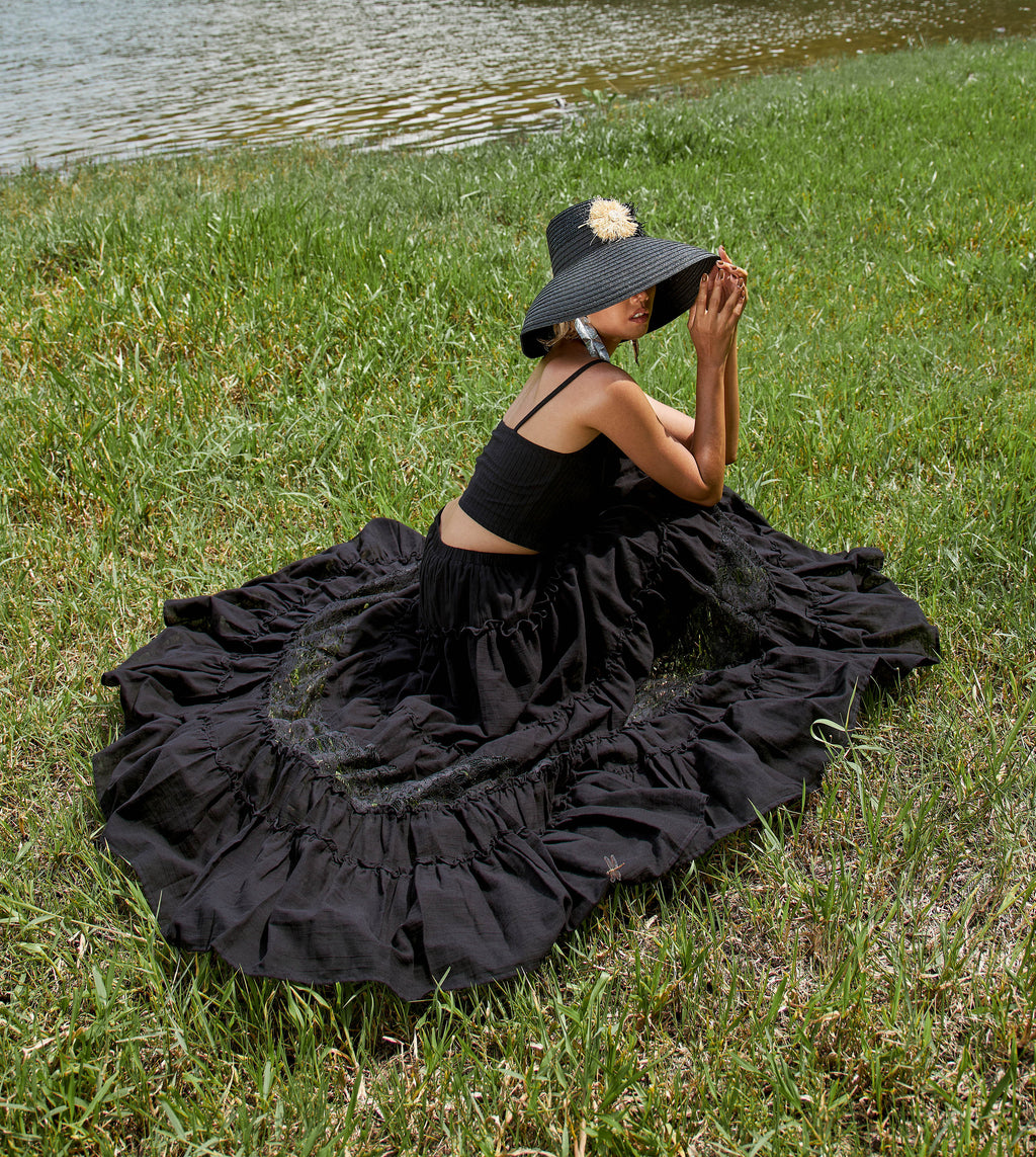 Long black skirt with lace inserts, pull-on elastic waist, cotton material