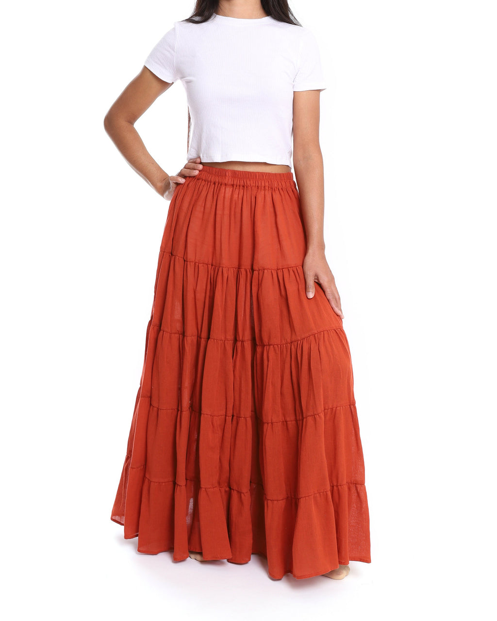 Handmade orange tiered maxi skirt with ruffles