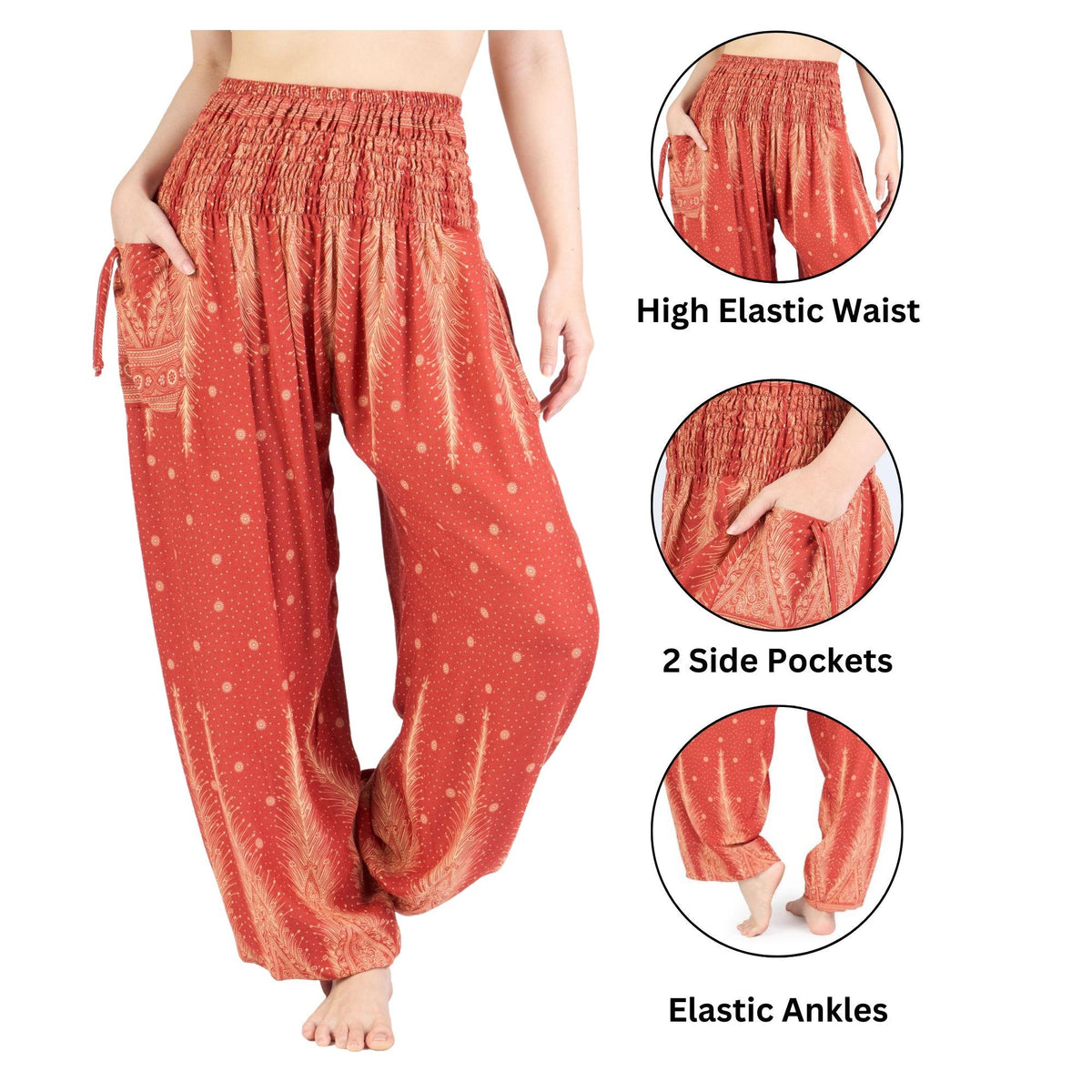 Boho rayon harem pants in printed orange with elastic ankles for yoga