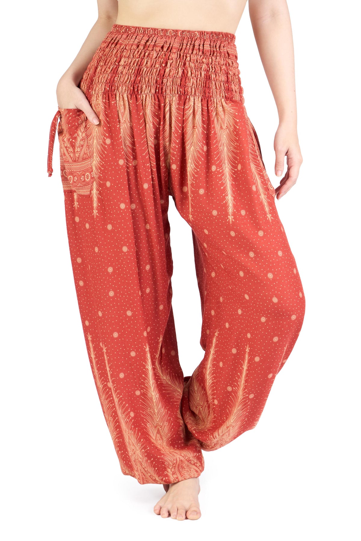 Handmade orange harem trousers with smocked elastic waist and pockets
