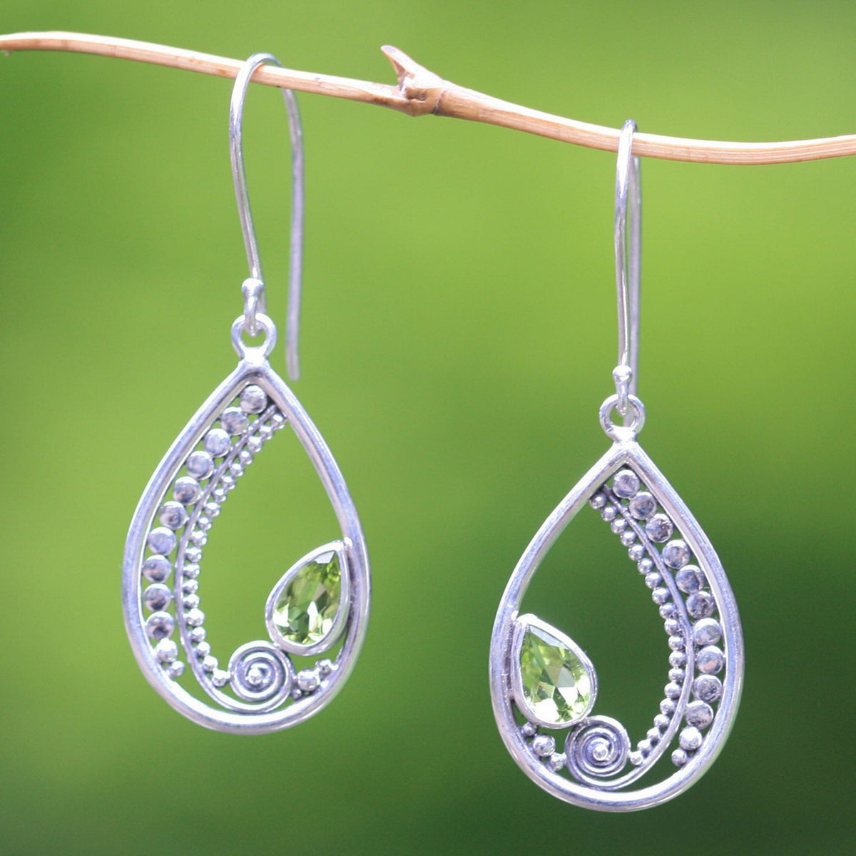 Sterling Silver Peridot Dangle Earrings - Paisley Swirl