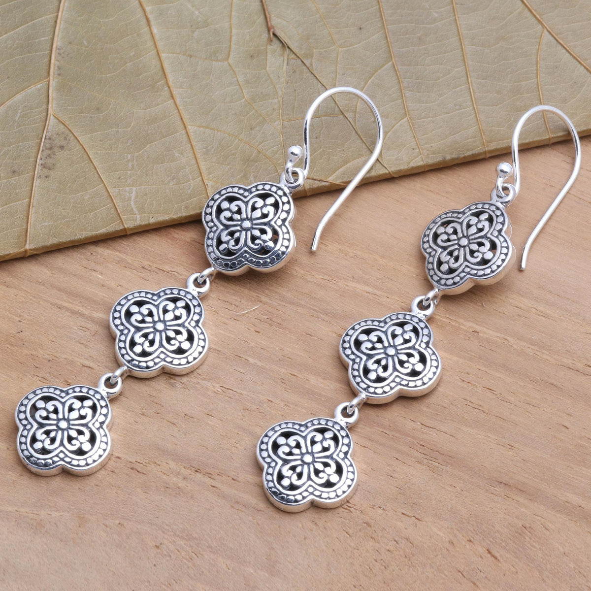 Artisan Crafted Sterling Silver Dangle Earrings - Four-Petaled Flowers