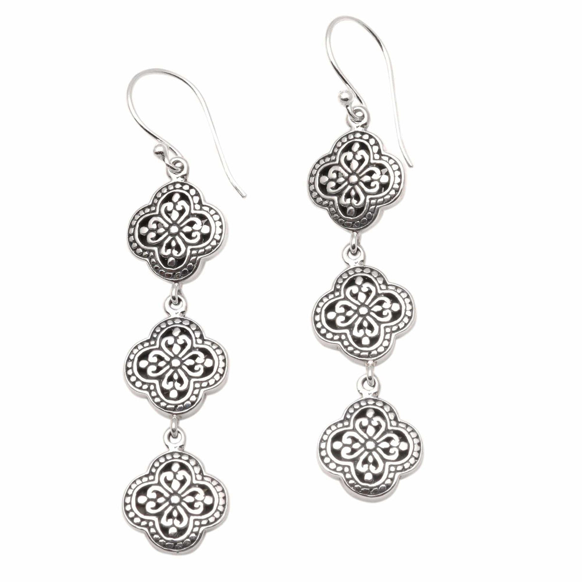 Artisan Crafted Sterling Silver Dangle Earrings - Four-Petaled Flowers