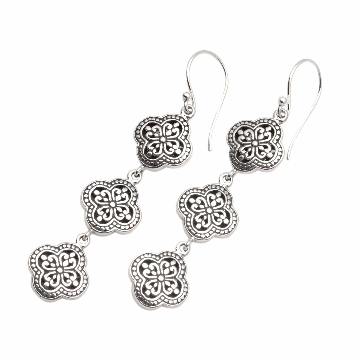 Artisan Crafted Sterling Silver Dangle Earrings - Four-Petaled Flowers