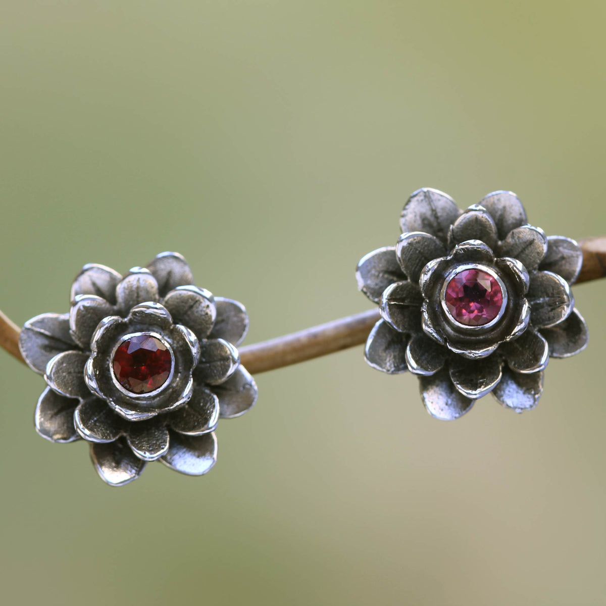 Floral Sterling Silver Garnet Earrings - Red-Eyed Lotus