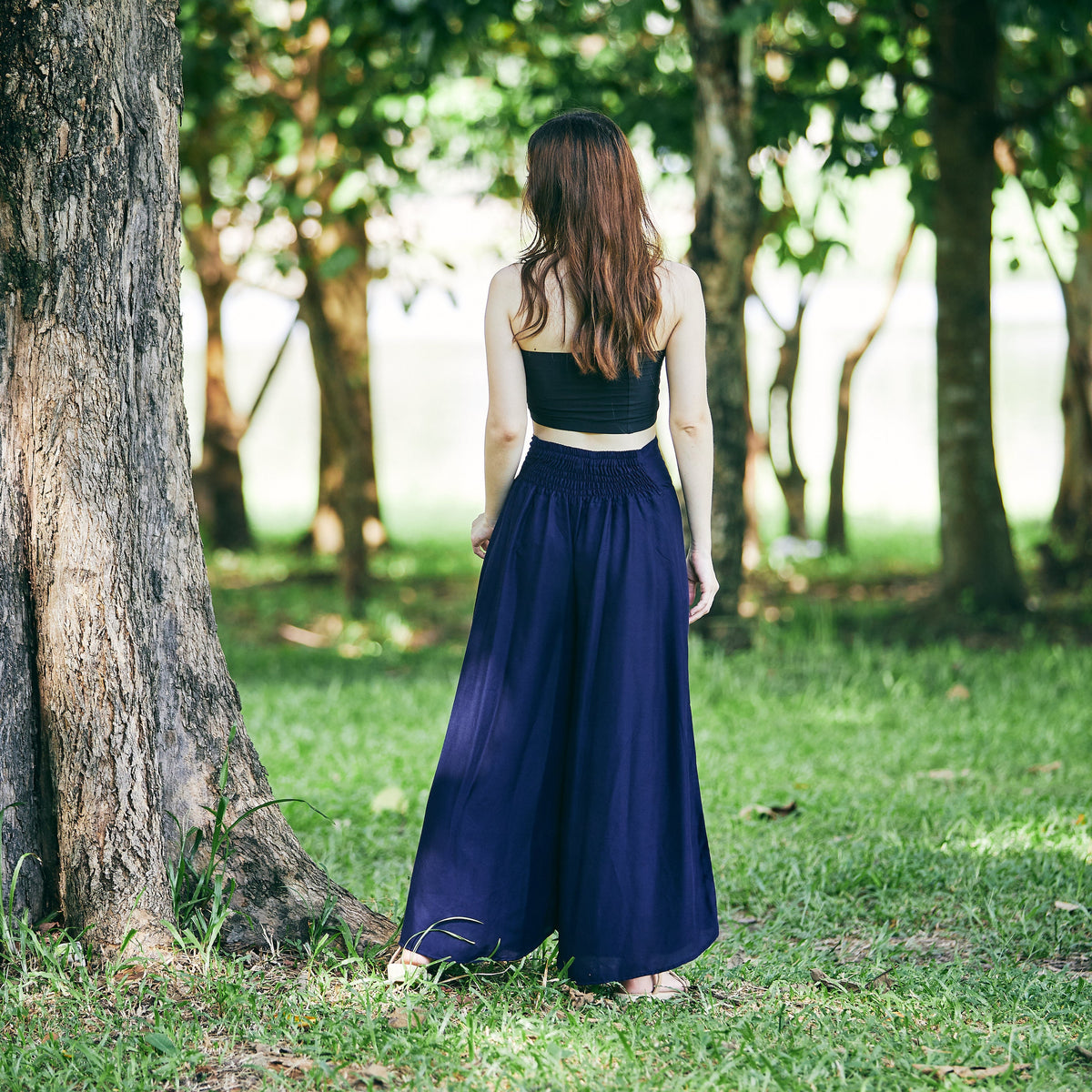 Plus size rayon palazzo pants for dance and yoga in dark blue print