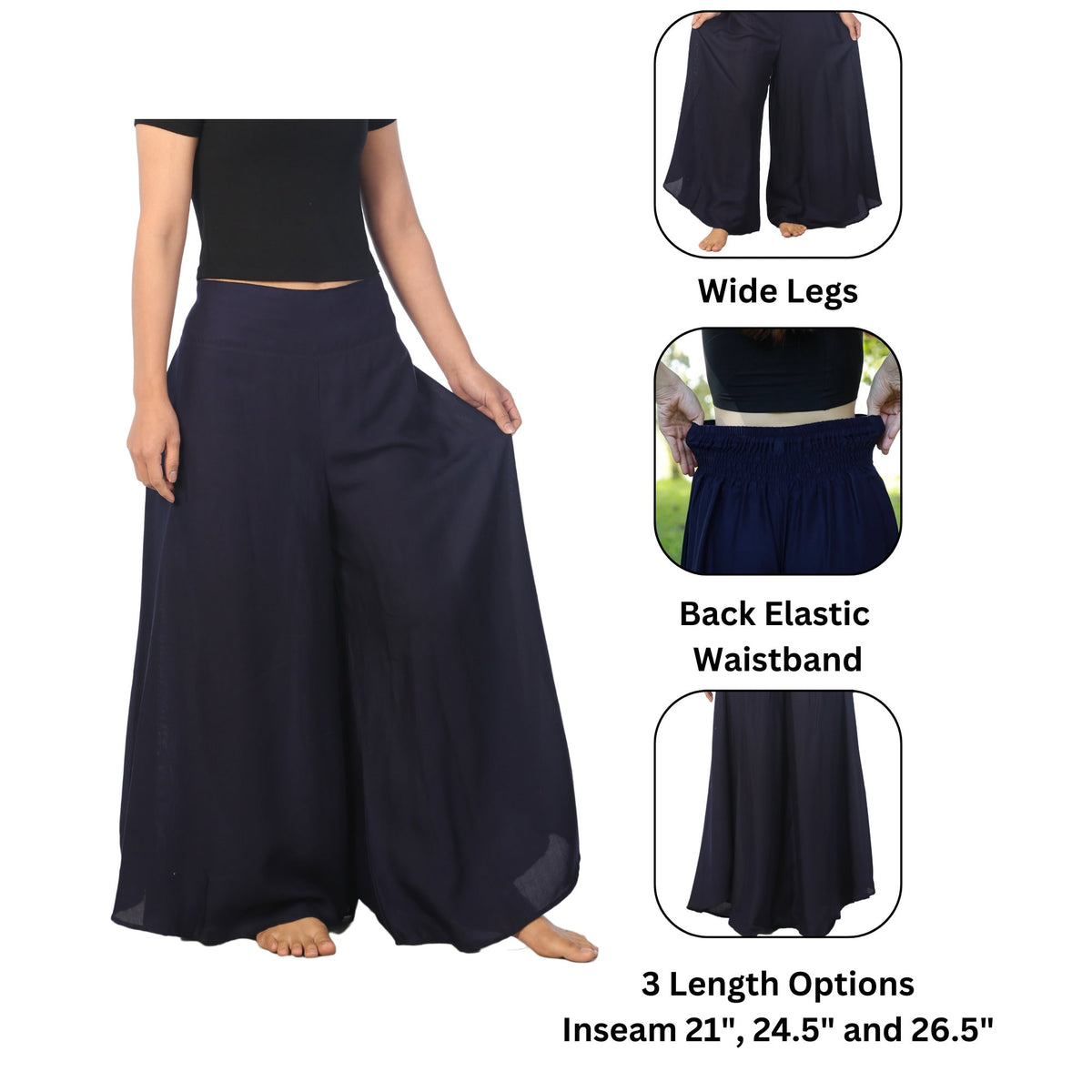 Ethnic boho yoga trousers with printed dark blue pattern and elastic waist
