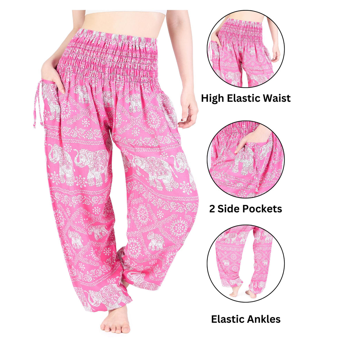 Lightweight pink elephant festival trousers for yoga and travel
