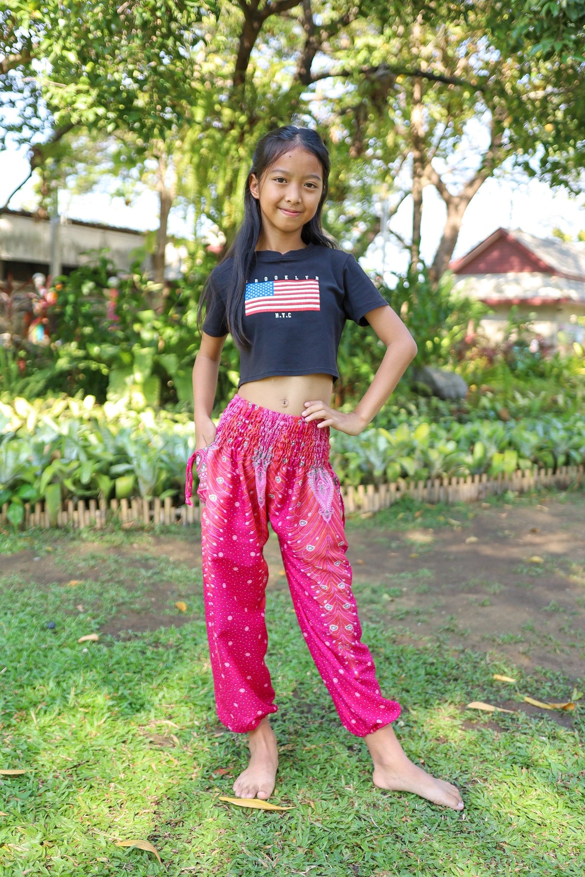 Toddler pink peacock trousers for dance and Halloween costumes