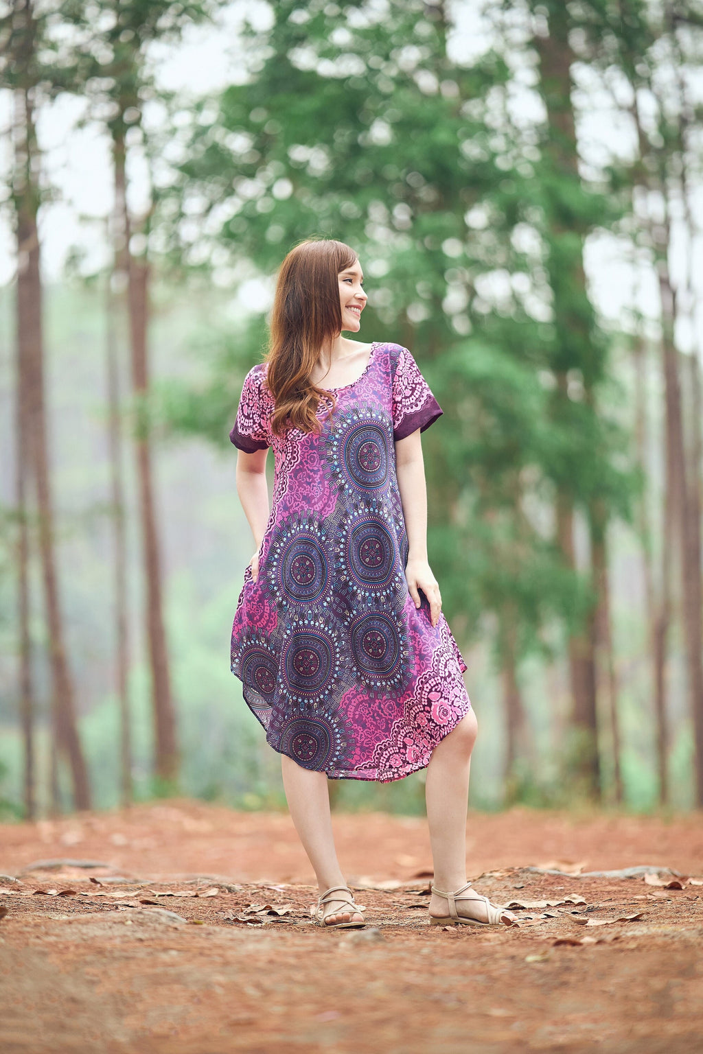 Pink mandala sundress with pockets and short sleeves for women