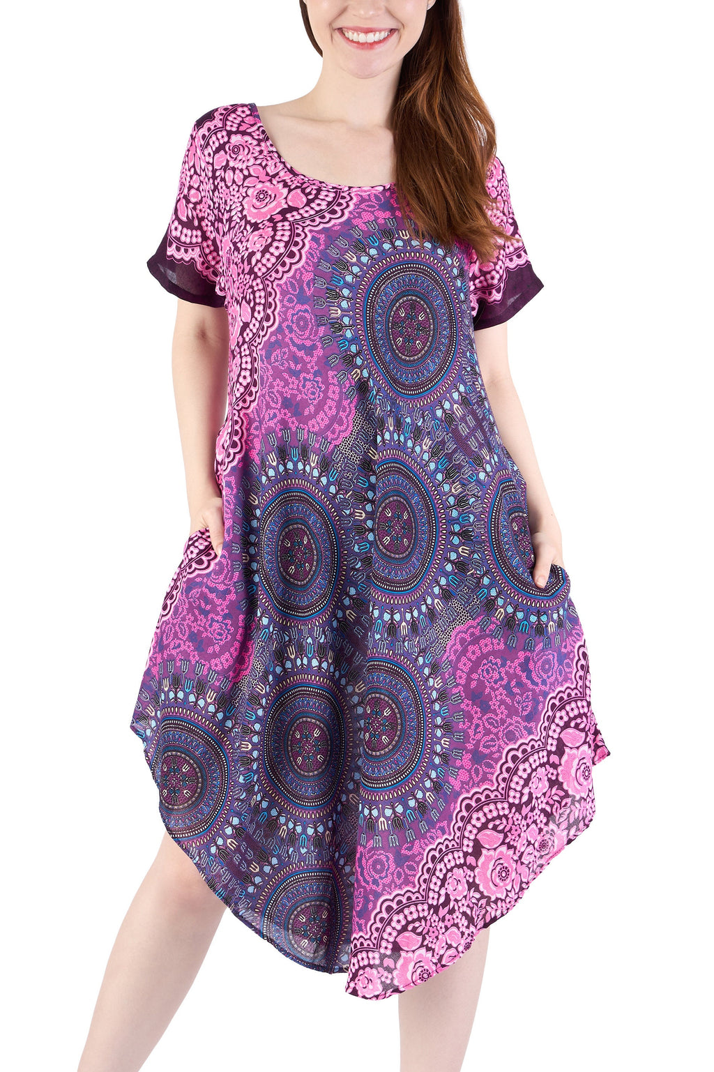 Knee-length boho hippie dress in soft rayon with two side pockets