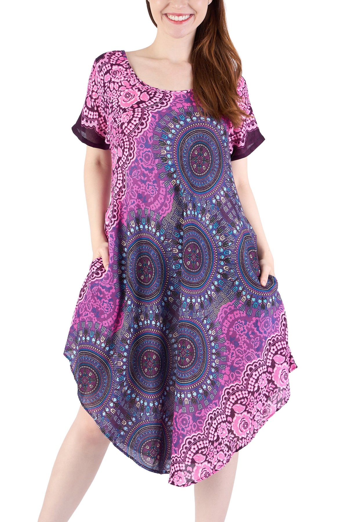 Knee-length boho hippie dress in soft rayon with two side pockets