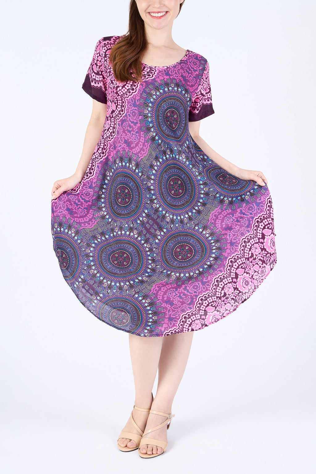 Boho style knee-length dress with mandala print and side pockets