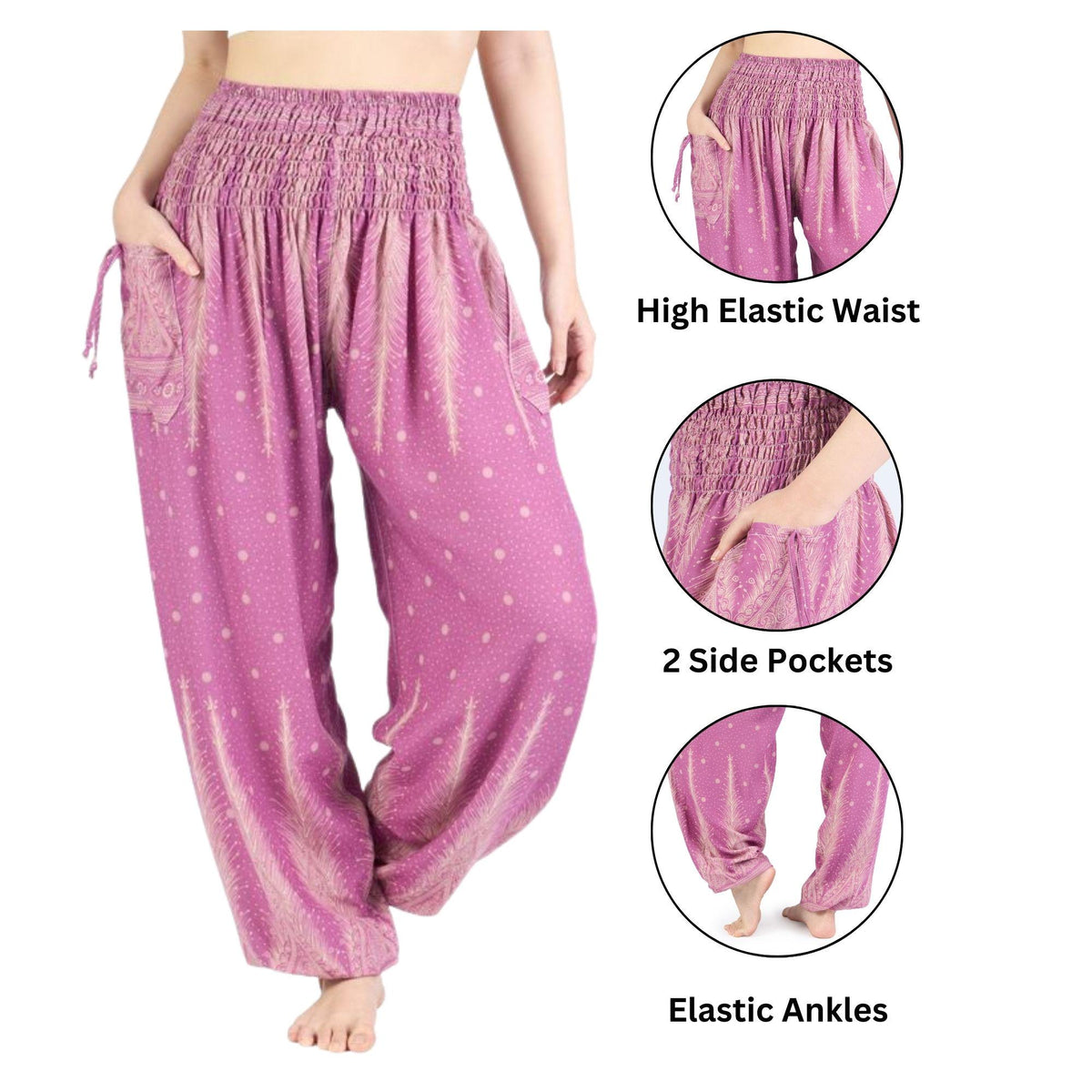 Boho rayon yoga trousers in pink peacock print with elastic ankle cuffs