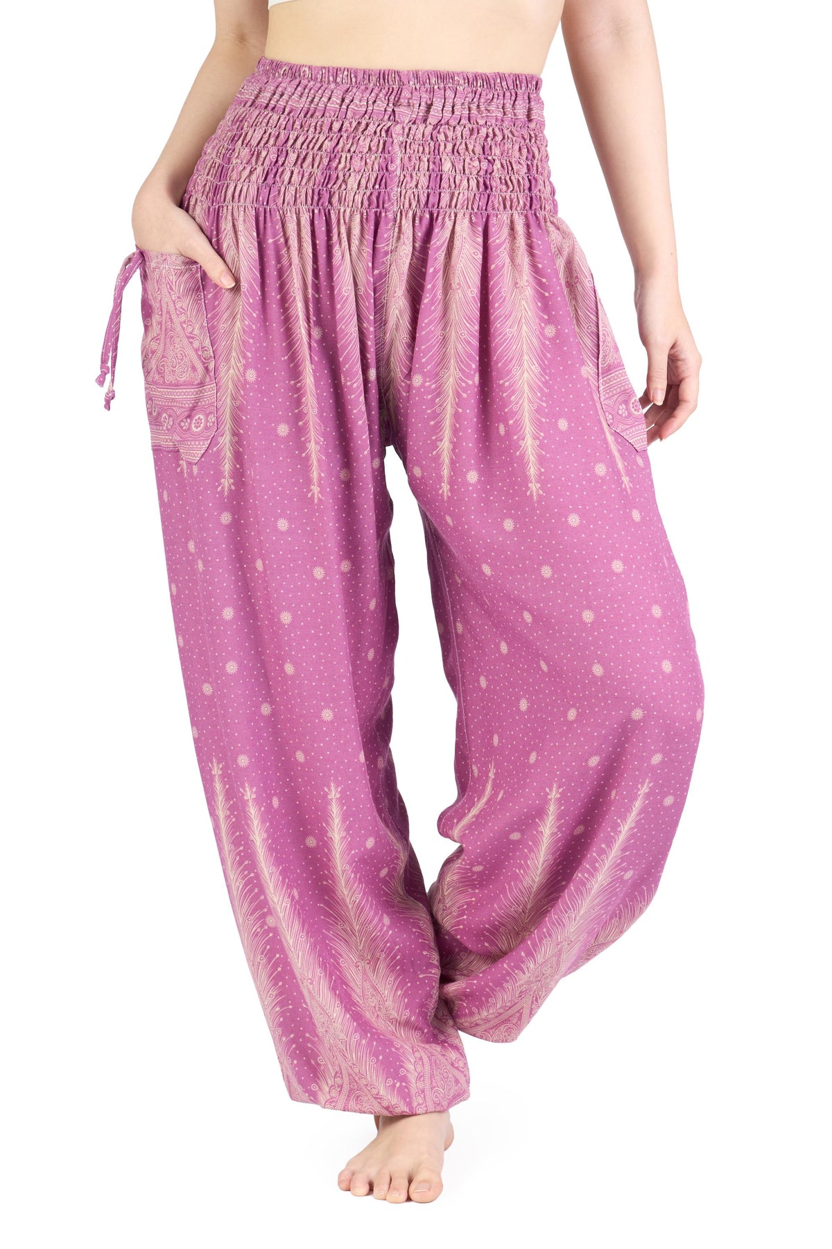 Women's pink peacock feather boho pants for yoga and travel