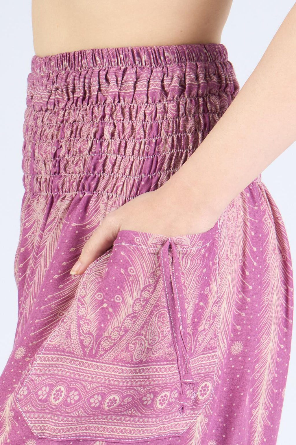 Pink peacock print harem pants S-XXL with comfortable smocked waist