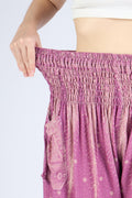 Boho chic pink feather harem pants with side pockets and soft rayon fabric