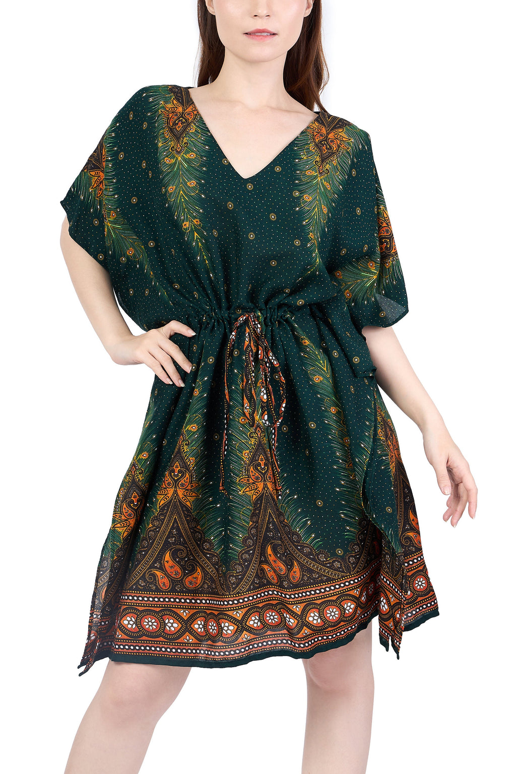 Rayon summer dress with psychedelic print worn as boho beach coverup