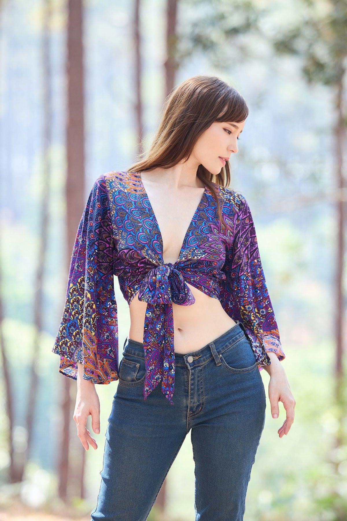 Purple handmade rayon wrap top for women with boho bell sleeves