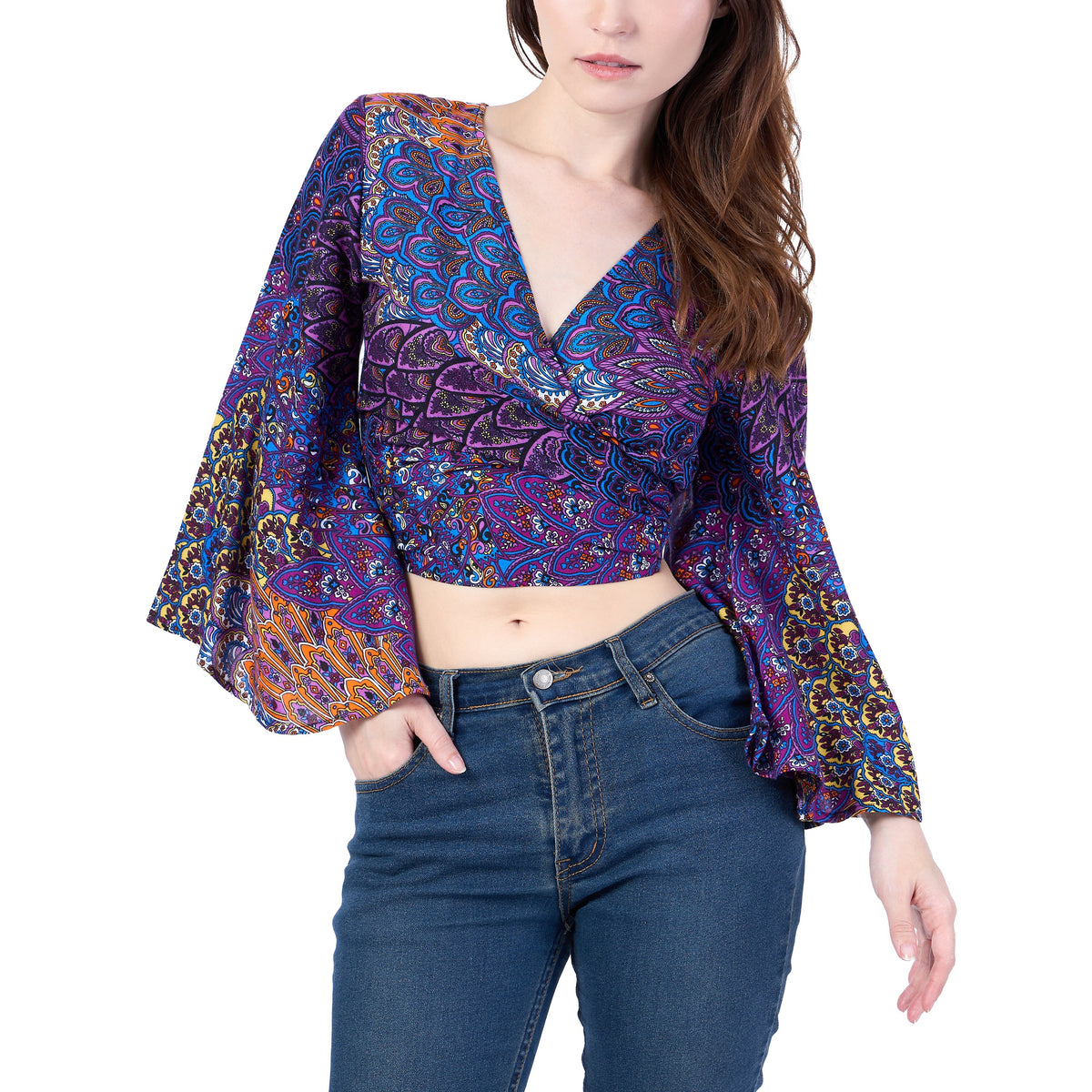 Purple wrap top styled for fall fashion and boho outfits