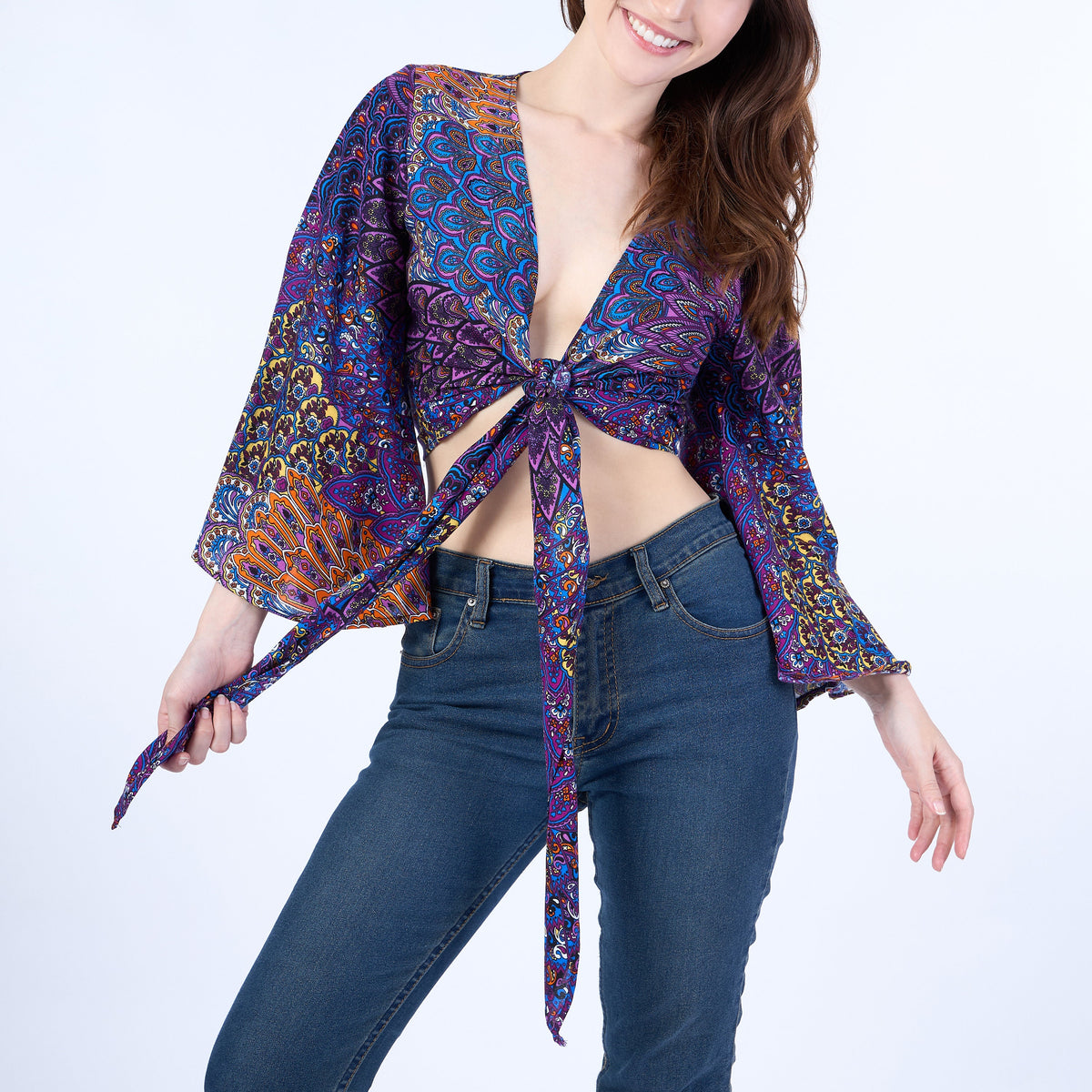 Womens boho wrap top purple with bell sleeves and tie front