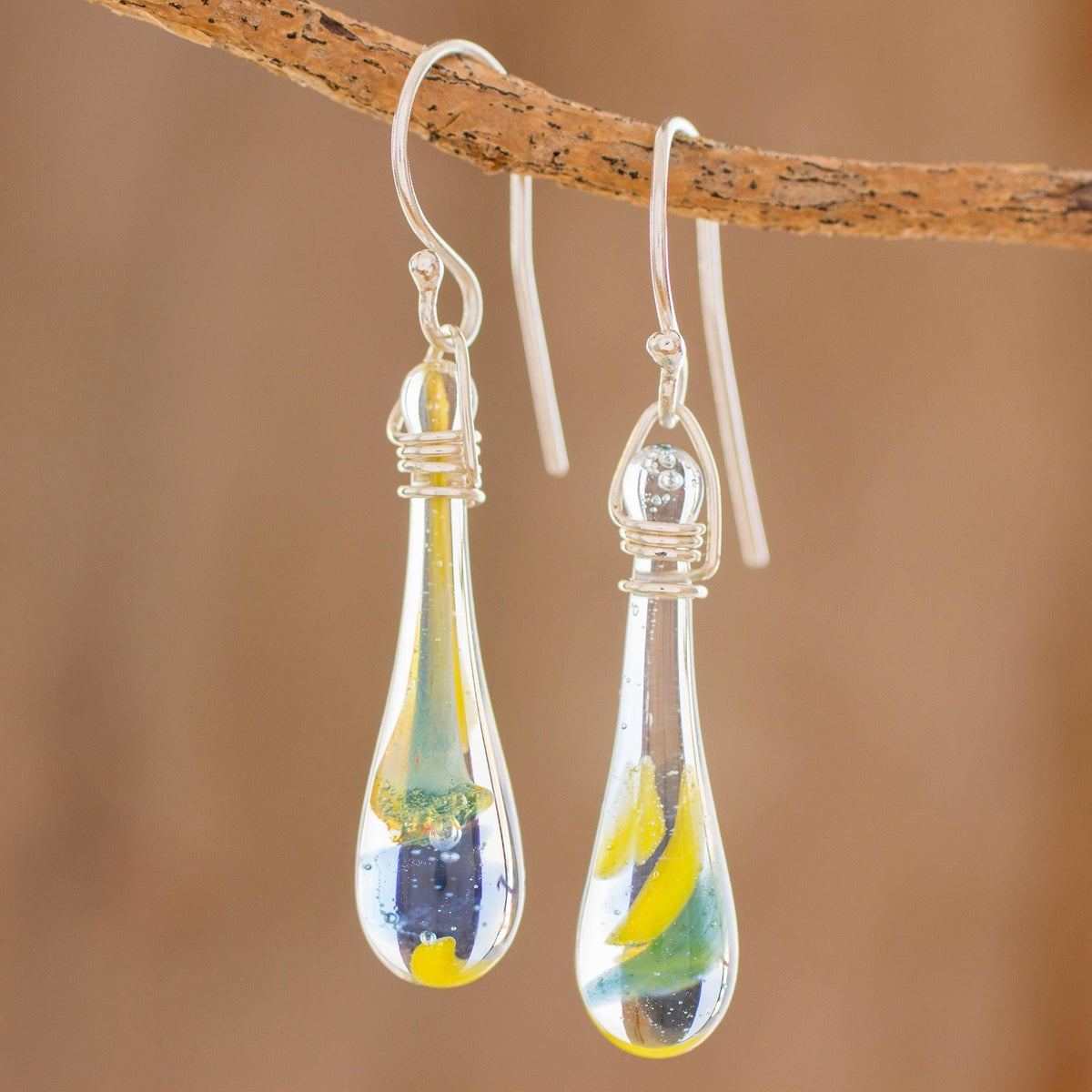 Colorful Glass Dangle Earrings from Costa Rica - Bubbling Petals