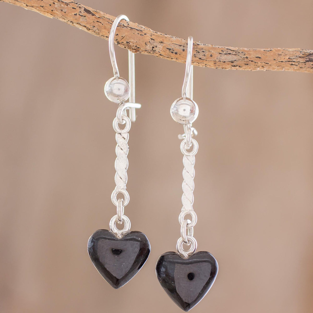 Heart-Shaped Black Jade Dangle Earrings from Guatemala - Black Spirals of Love