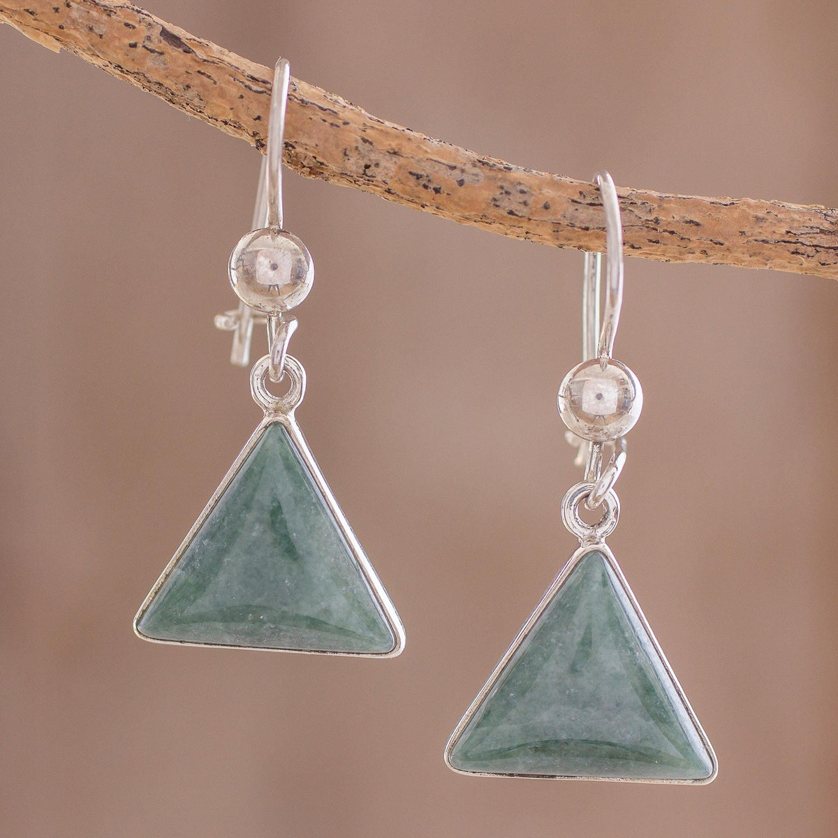 Green Triangular Jade Dangle Earrings from Guatemala - Green Triangle of Life