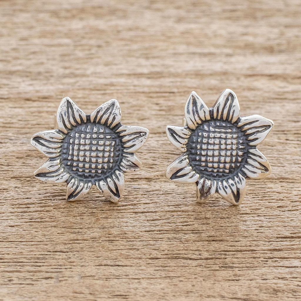 Oxidized Sterling Silver Sunflower Earrings - Vintage Sunflower