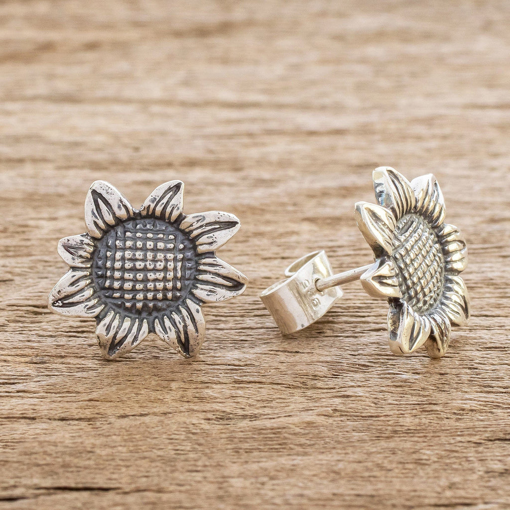 Oxidized Sterling Silver Sunflower Earrings - Vintage Sunflower