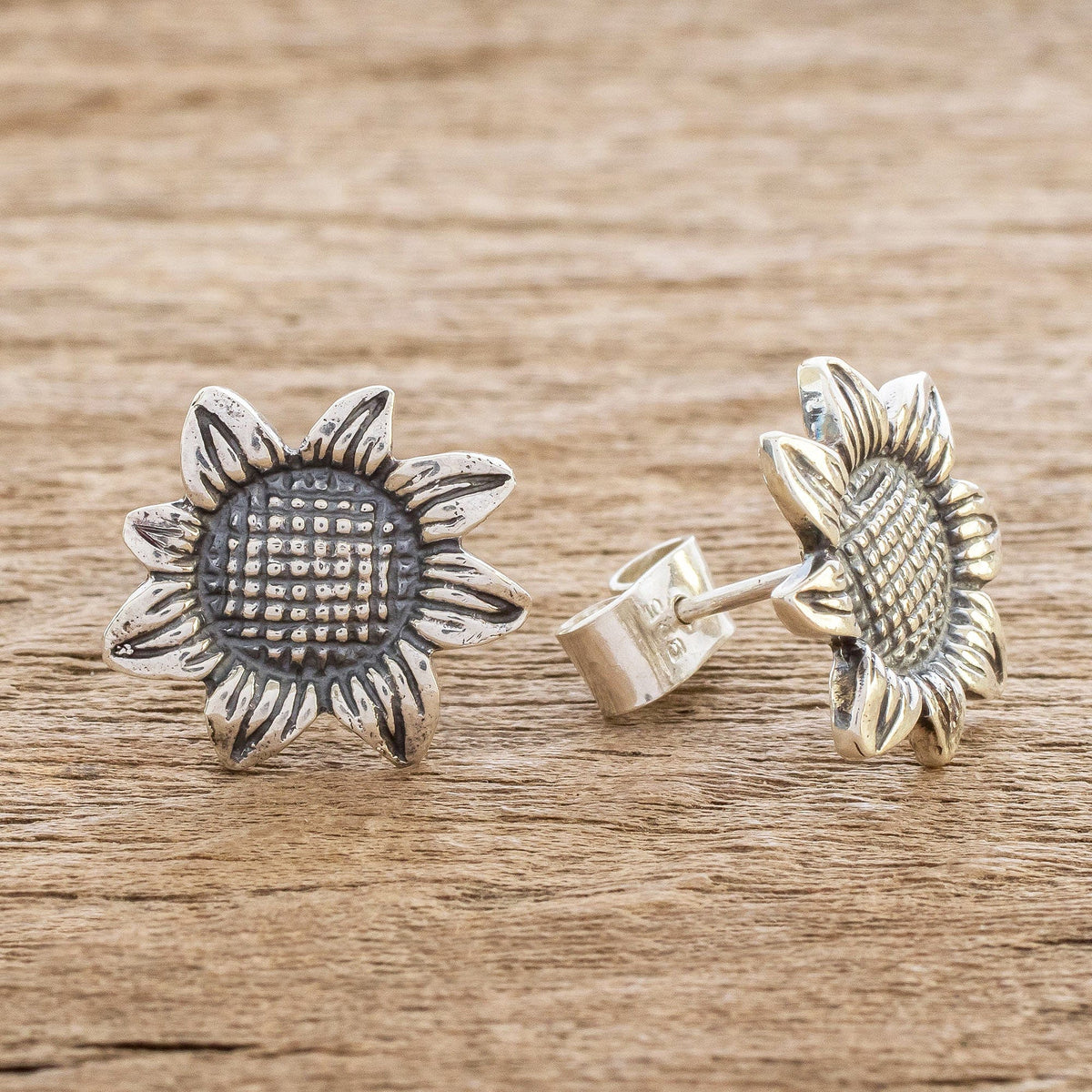 Oxidized Sterling Silver Sunflower Earrings - Vintage Sunflower