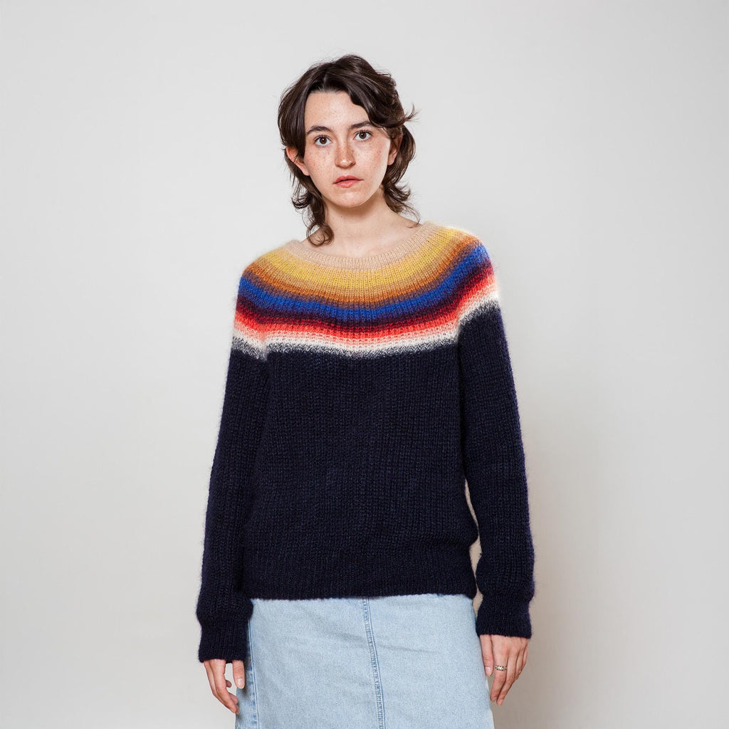 Rainbow gradient mohair and lambswool jumper in dark blue with colourful yoke