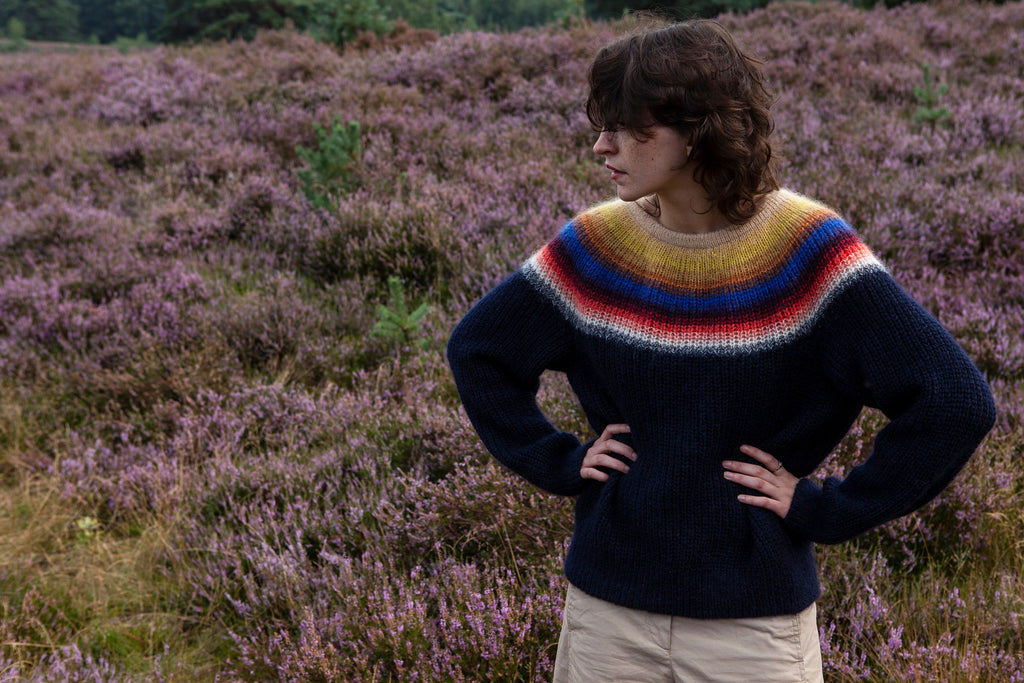 Soft fluffy knit sweater with gradient yoke, made from mohair and lambswool