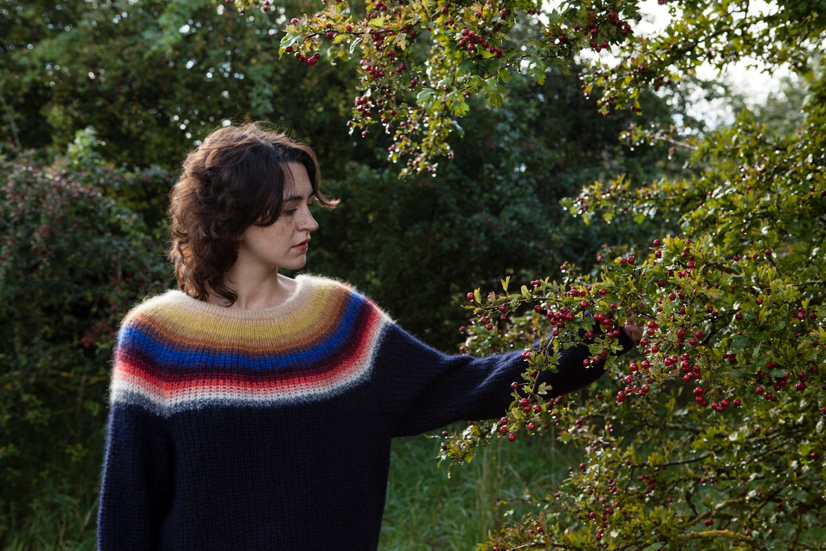 Dark blue mohair lambswool sweater with colourful gradient pattern