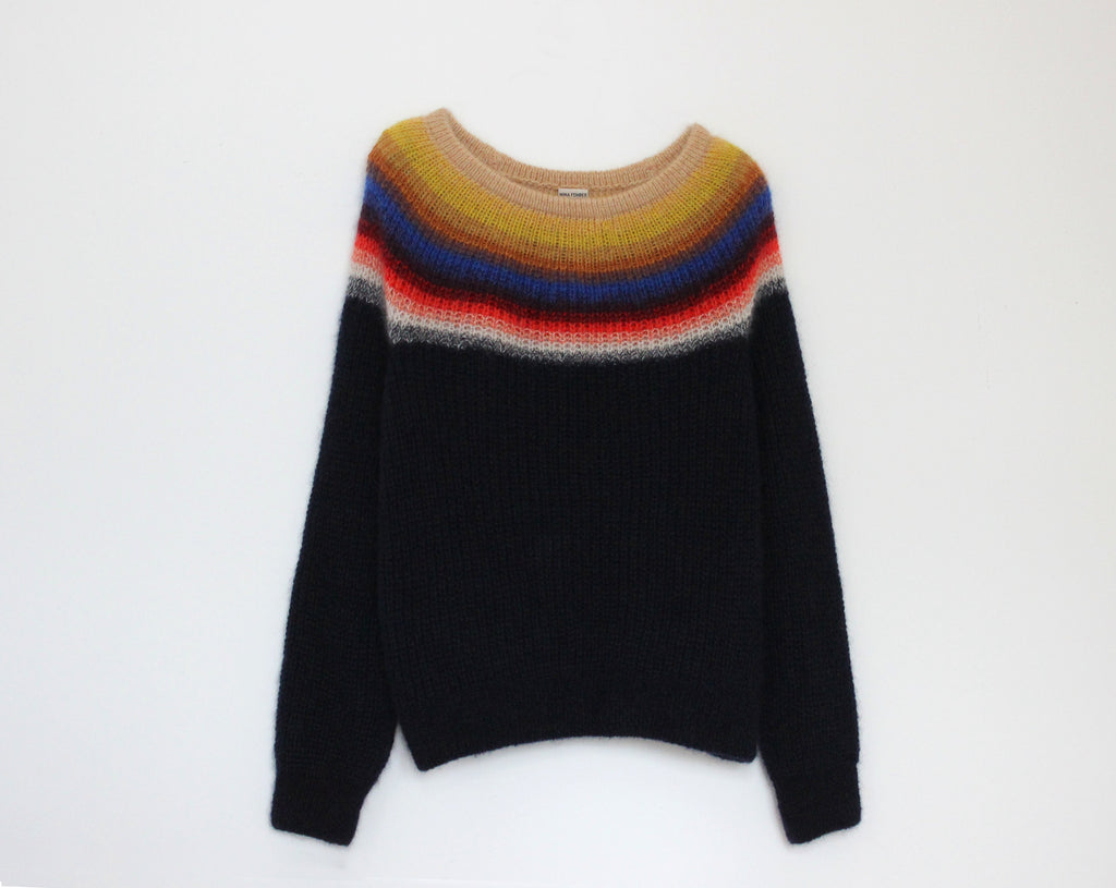 Fluffy rainbow gradient sweater in size M, 172 cm tall model