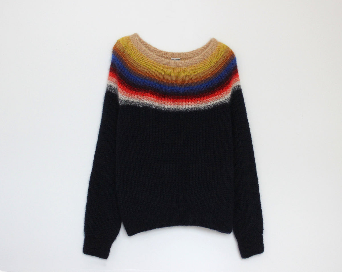 Fluffy rainbow gradient sweater in size M, 172 cm tall model