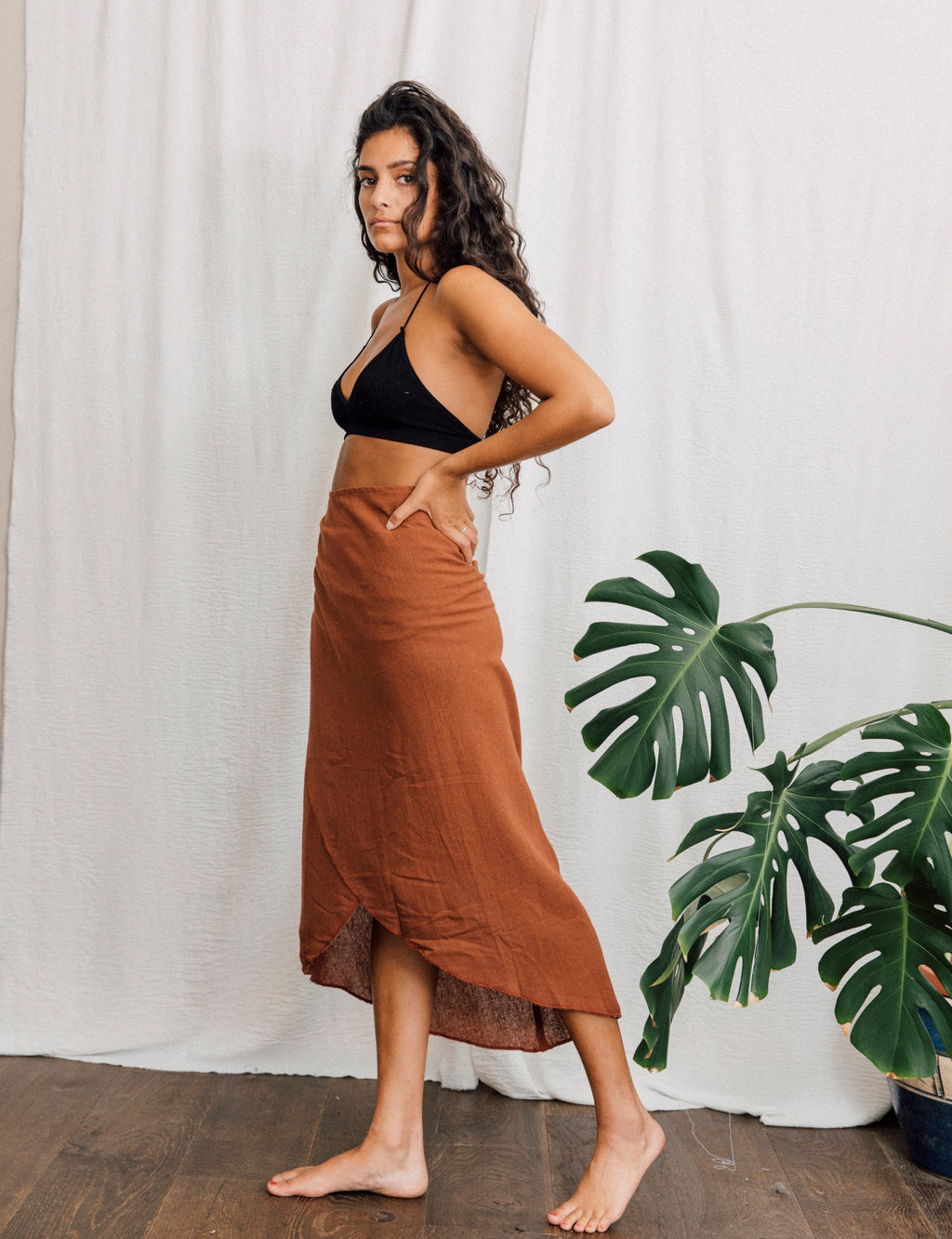 Breathable cotton-linen blend wrap skirt in rust brown, perfect for slow fashion women