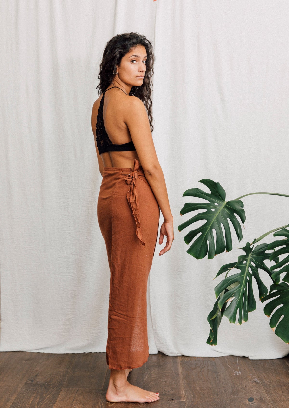 Boho maxi wrap skirt with tie waist, rust brown, size S/M and M/L, 85cm length
