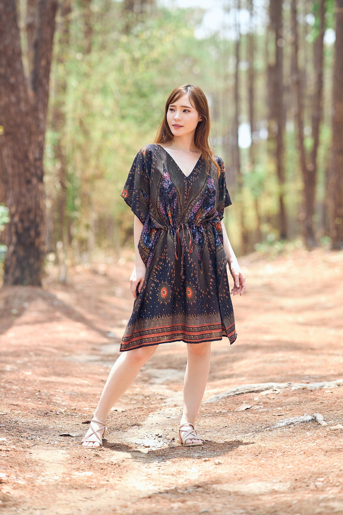 Rayon boho kaftan dress in vibrant bohemian pattern, one size fits all