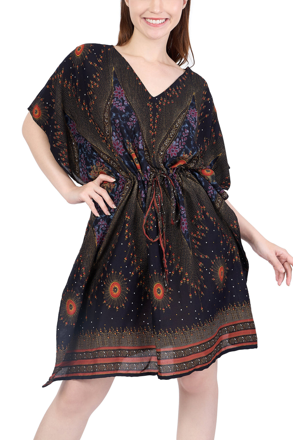 Lightweight rayon kaftan dress with adjustable waist string, handmade