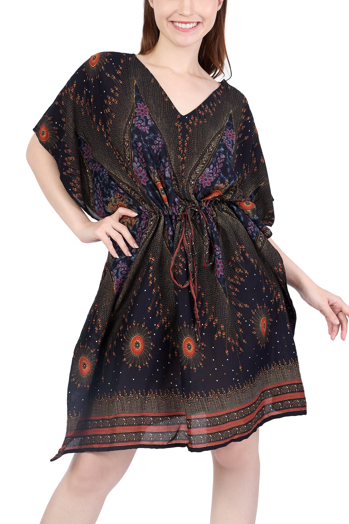 Lightweight rayon kaftan dress with adjustable waist string, handmade