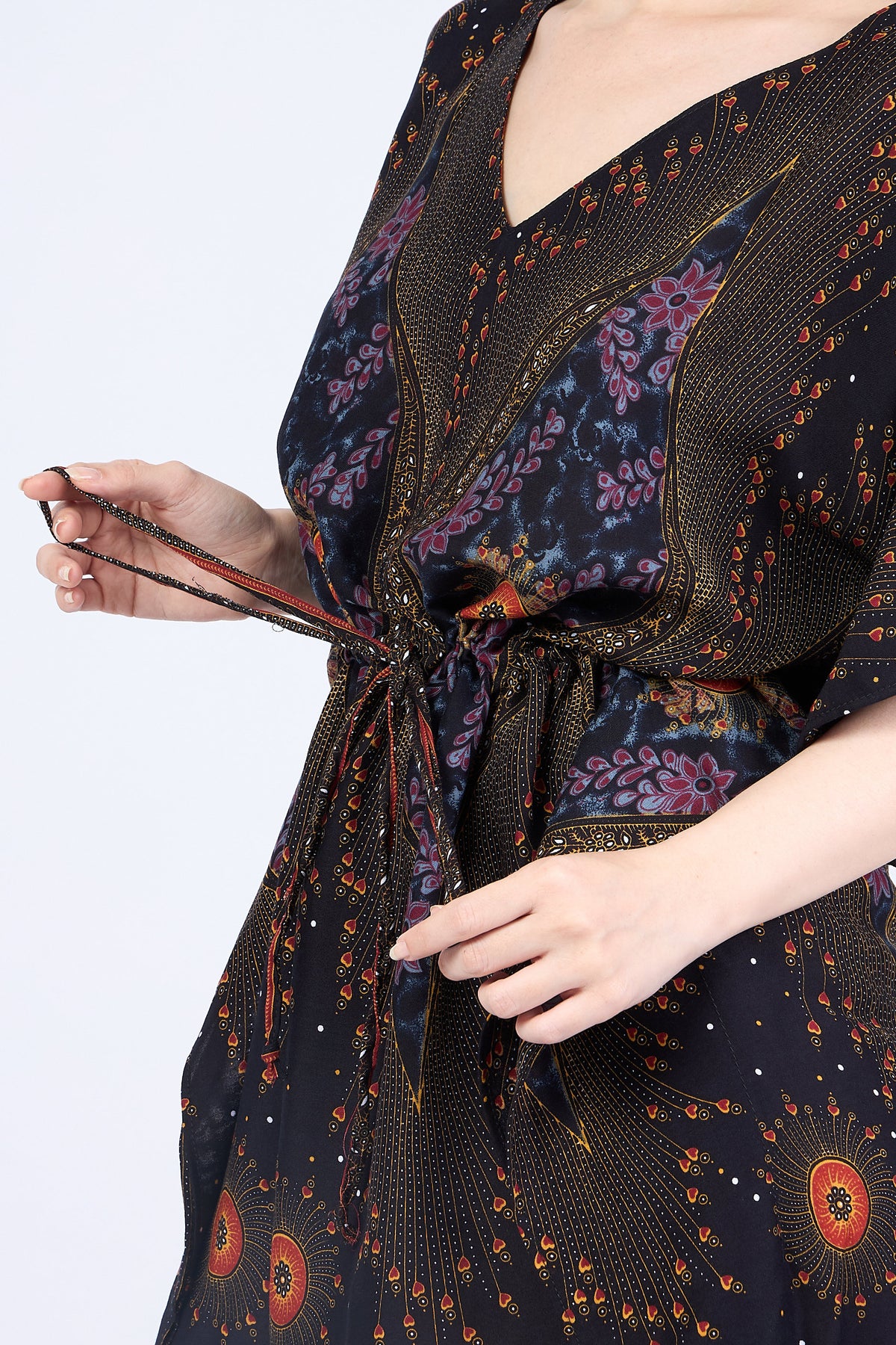 Versatile rayon cover-up worn as a kimono over swimwear