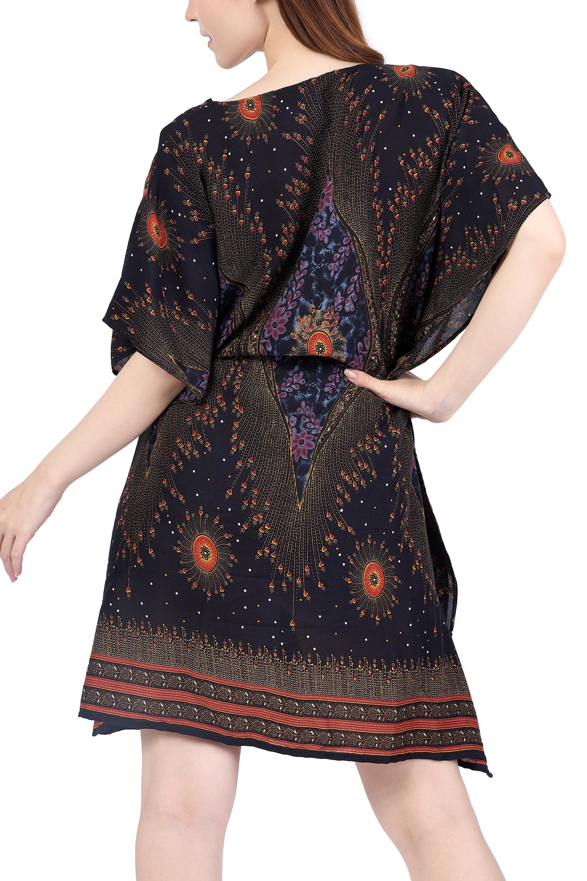 Bohemian kaftan dress with intricate patterns and vibrant colors