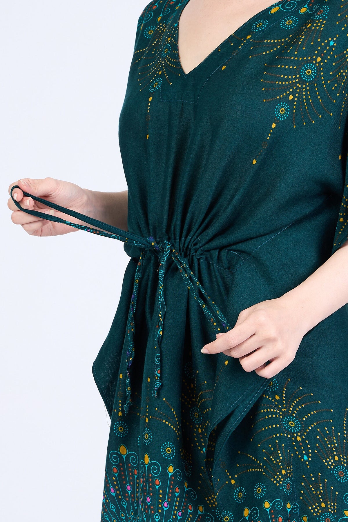 Boho chic kaftan top with adjustable waist string and intricate design