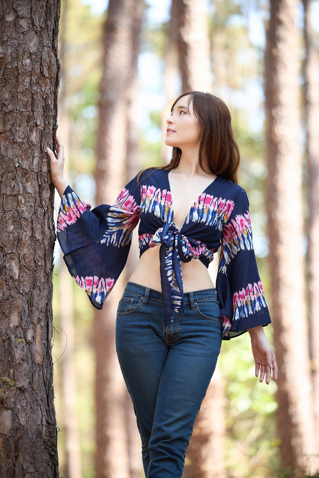 Handmade rayon wrap top in colorful dark blue print with bell sleeves