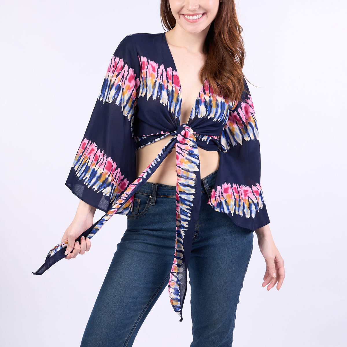 Colorful dark blue handmade wrap top with soft fabric and bell sleeves